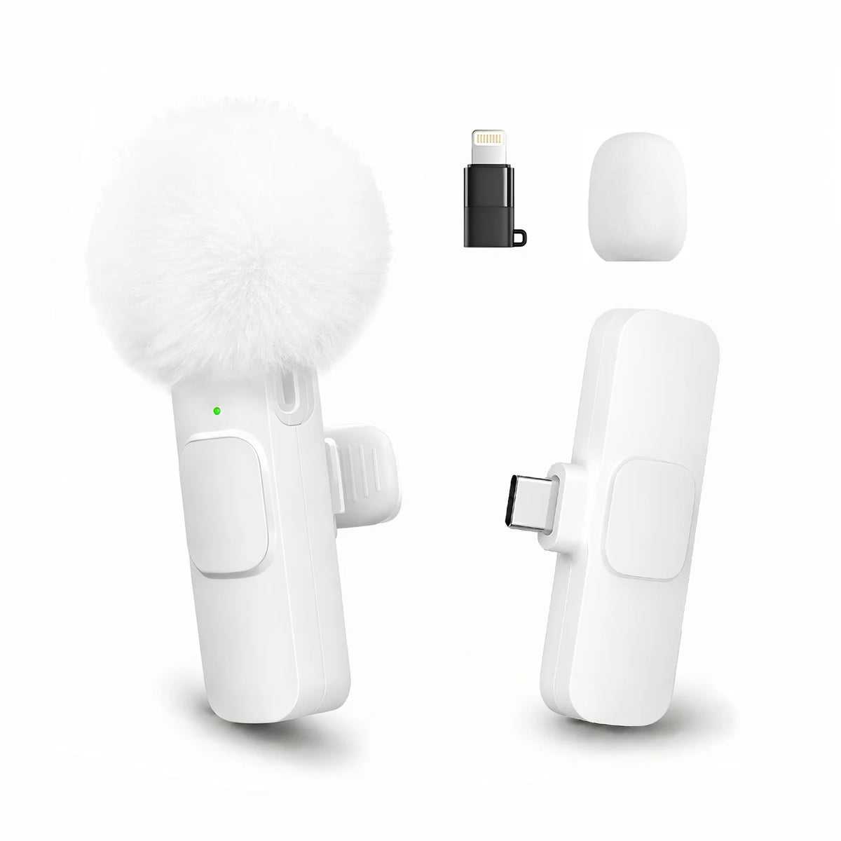 Wireless Mini Lavalier Clip Mic with Furry Windscreen, Dual‑Port Type‑C & Lightning Adapter for iPhone, Android, Tablets, Laptop