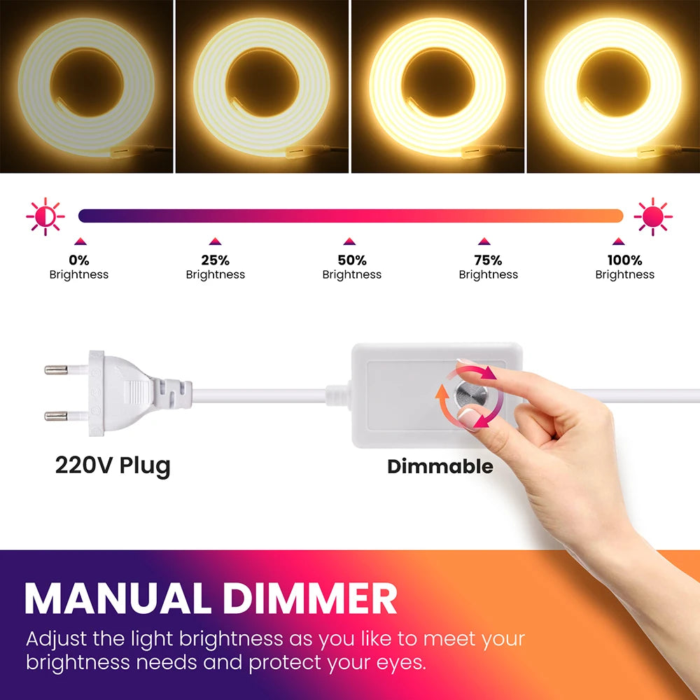 Striscia LED Neon COB dimmer 220 V, 3000‑6000 K, impermeabile, da 0,5 a 30 m