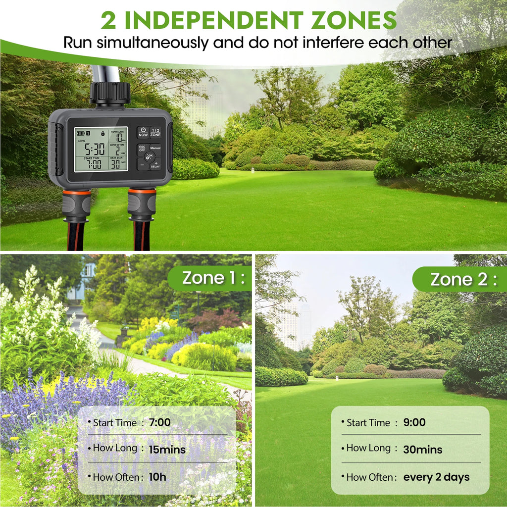Timer 2 zone per irrigazione – risparmio acqua, modalità auto, manuale, pioggia