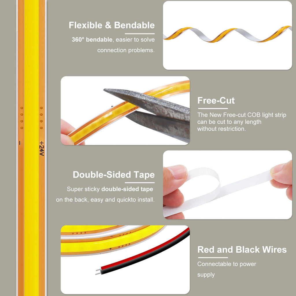 Striscia LED COB 5mm/8mm 400 LED/m 12V-24V Taglio Libero, 3000-6500K