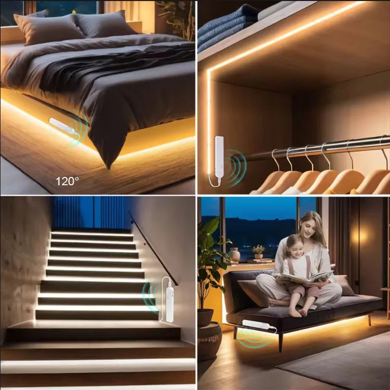 Striscia LED COB 5V 320 LED/m con sensore PIR a batteria, adesiva flessibile