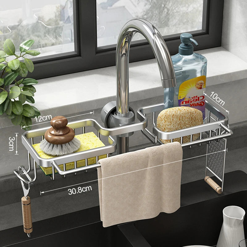 Porta spugna e supporto rubinetto in alluminio per cucina e bagno