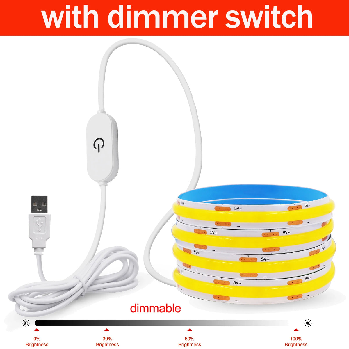 Striscia LED COB 5V USB dimmerabile, 320 LED/m, luce bianca regolabile