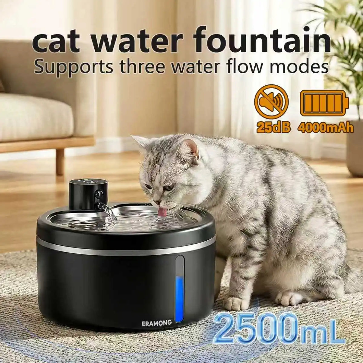 Fontanella per Gatti in Acciaio Inox 2,5L Wireless con Sensore di Movimento