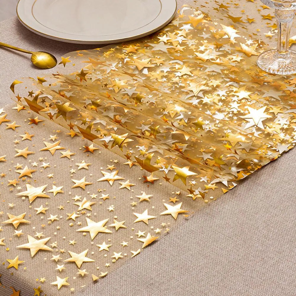 Gold Star Glitter Metallic Table Runner Bling Star Table Cloths Runner Thin Mesh Tabletop Metallic Roll for Home Party Dinner