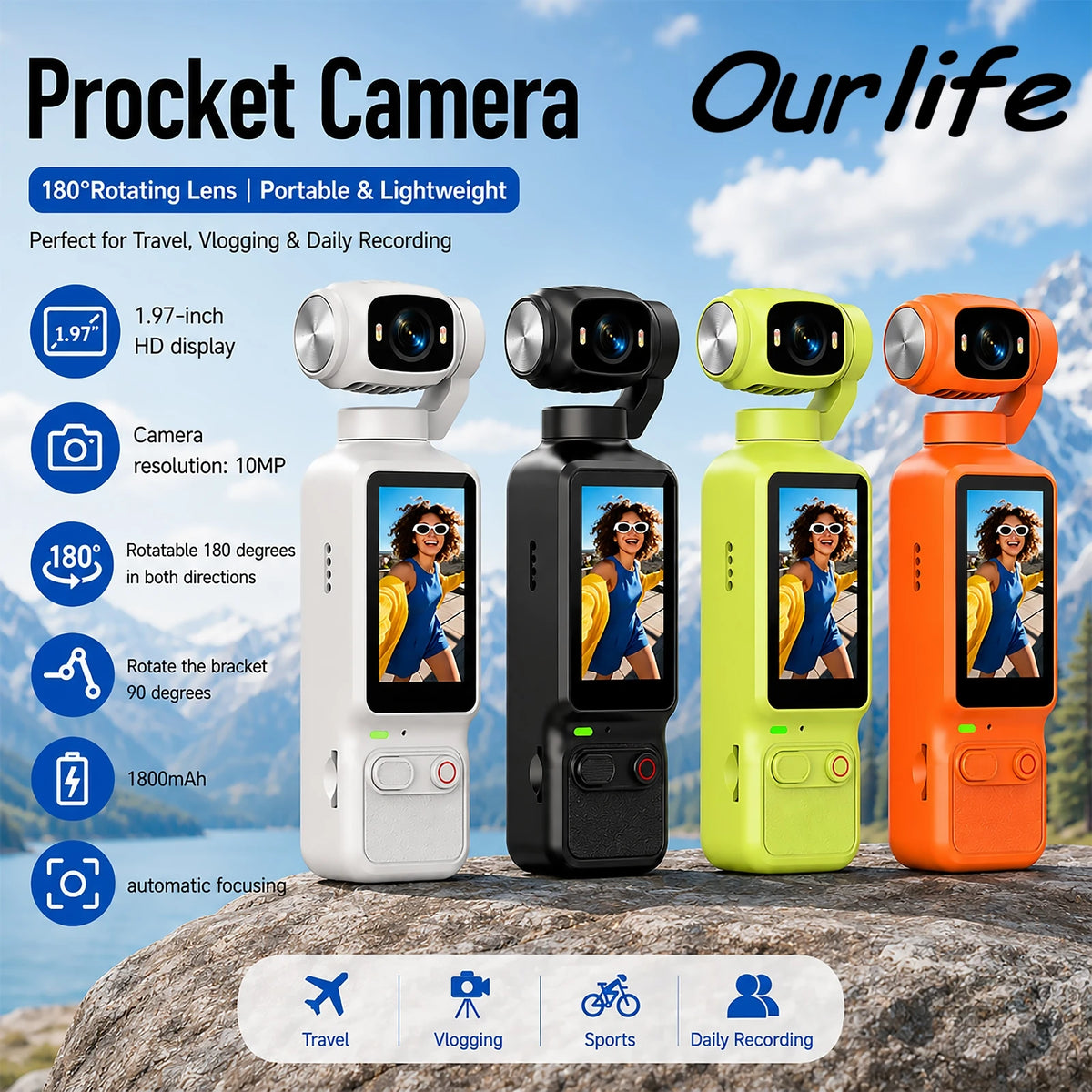 Action Camera 4K Rotante 180° con Schermo 1.97" e Batteria 1800mAh