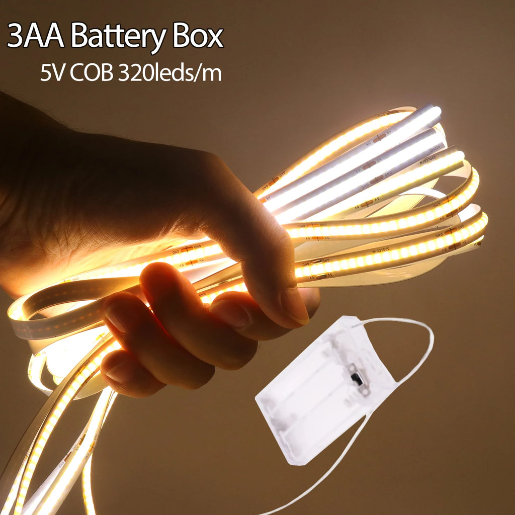 Striscia LED COB 5V 320 LED/m con Box 3 AA – 8 mm, luce regolabile (3000‑6500 K)