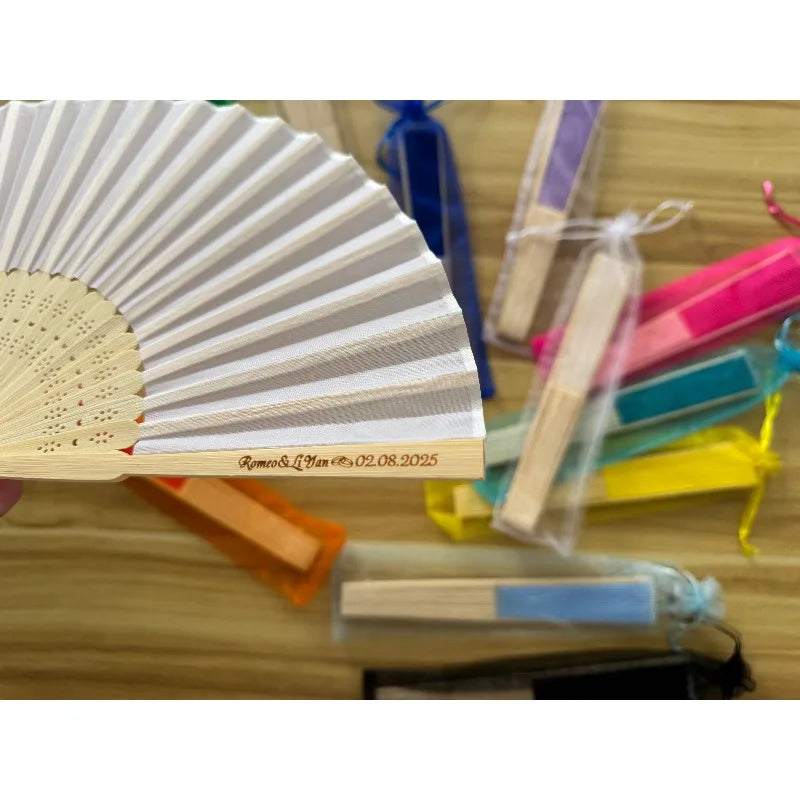 20-100pcs  Personalized Engraved Silk Hand Fan Wedding Fold Fan Vintage Fans Customized Wedding Favor