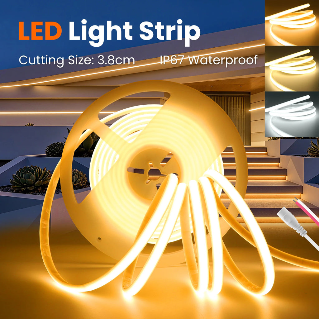 12V 24V COB LED Strip 320LEDs Flexible Neon Tape Light IP67 Waterproof LED Ribbon Rope Density Linear Light with Adhesive Tape