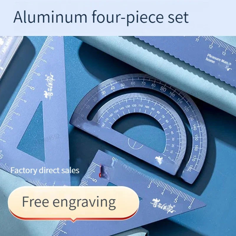 4-in-1 Aluminum Alloy Multifunctional Ruler Set, Triangle & Protractor Combo, Drawing Math Stationery for Students