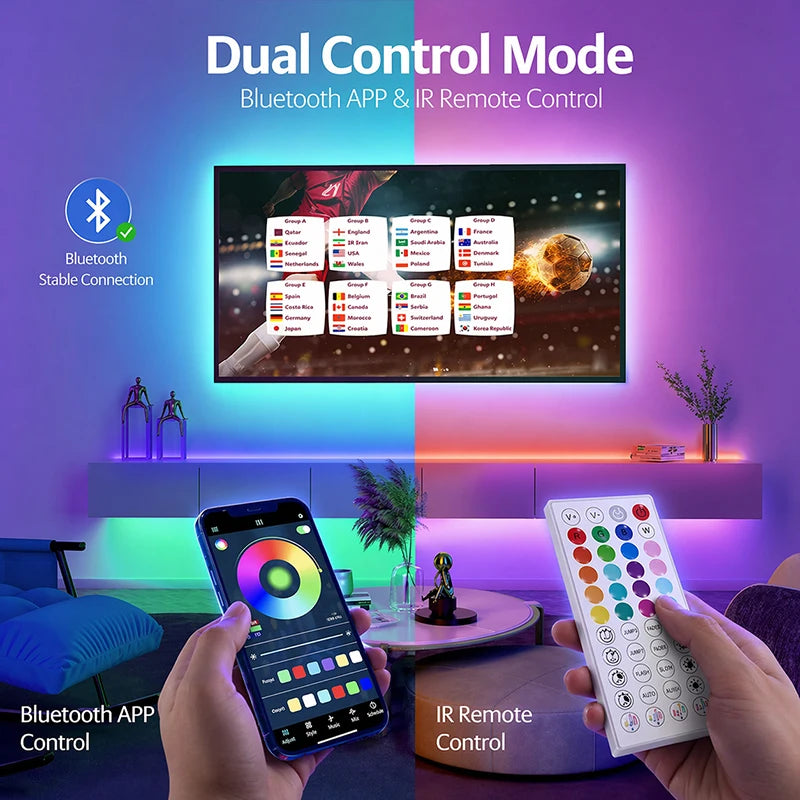 Striscia LED RGB 5-40 m con Bluetooth, sync musica e alimentatore
