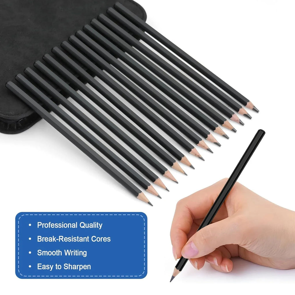 drawing set with sketch pencils, graphite, charcoal, blending tools (14-64 pcs)