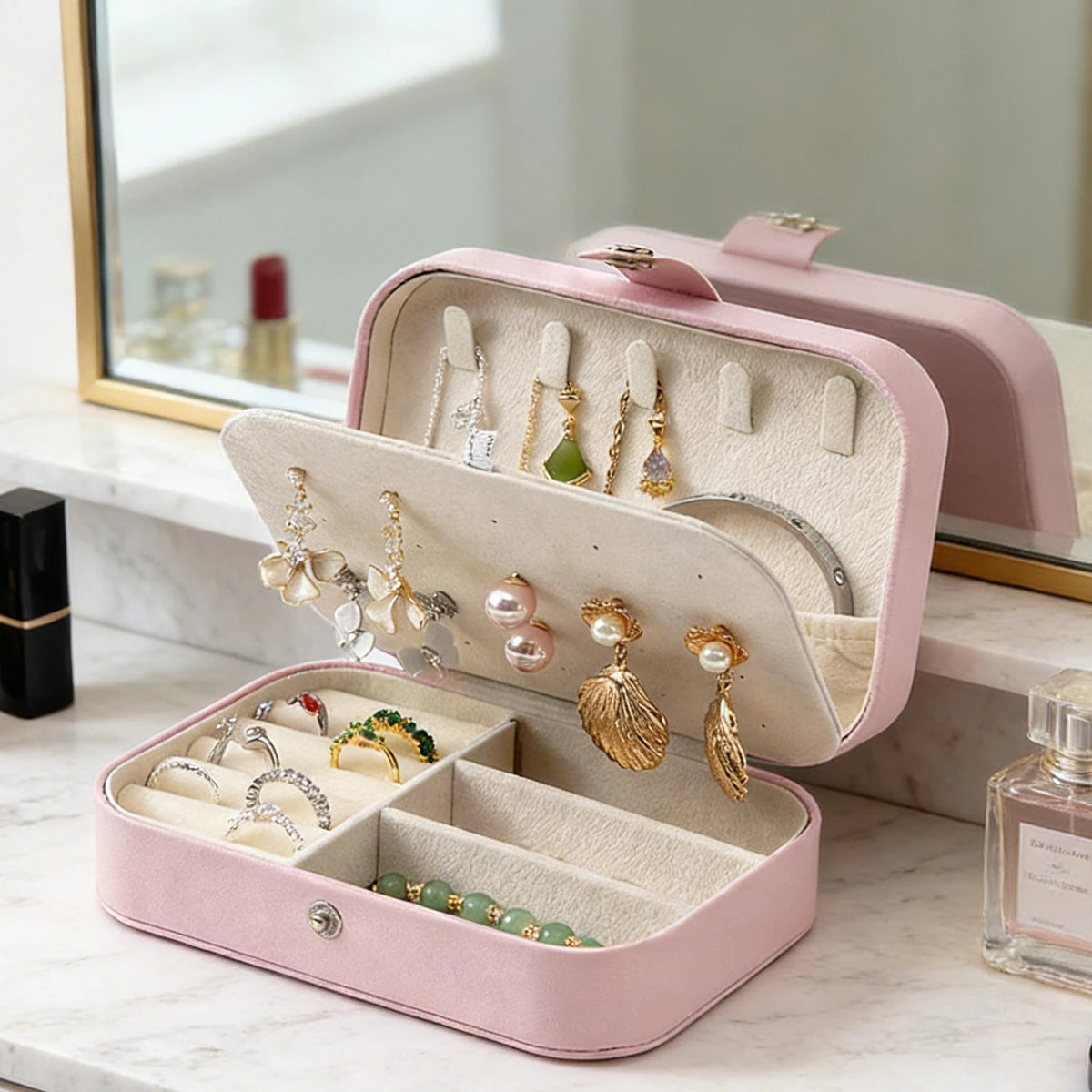 Portable Multi-Compartment Jewelry Box with Velvet Lining - Travel-Friendly Pink Jewelry Organizer for Accessories