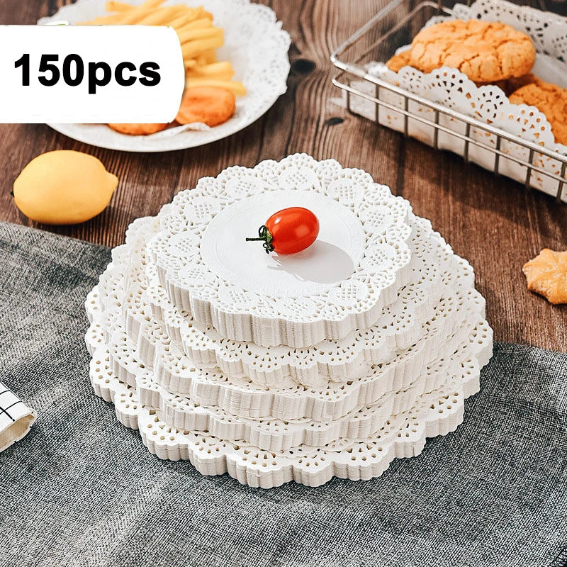 150 white lace paper placemats for table décor, weddings and events