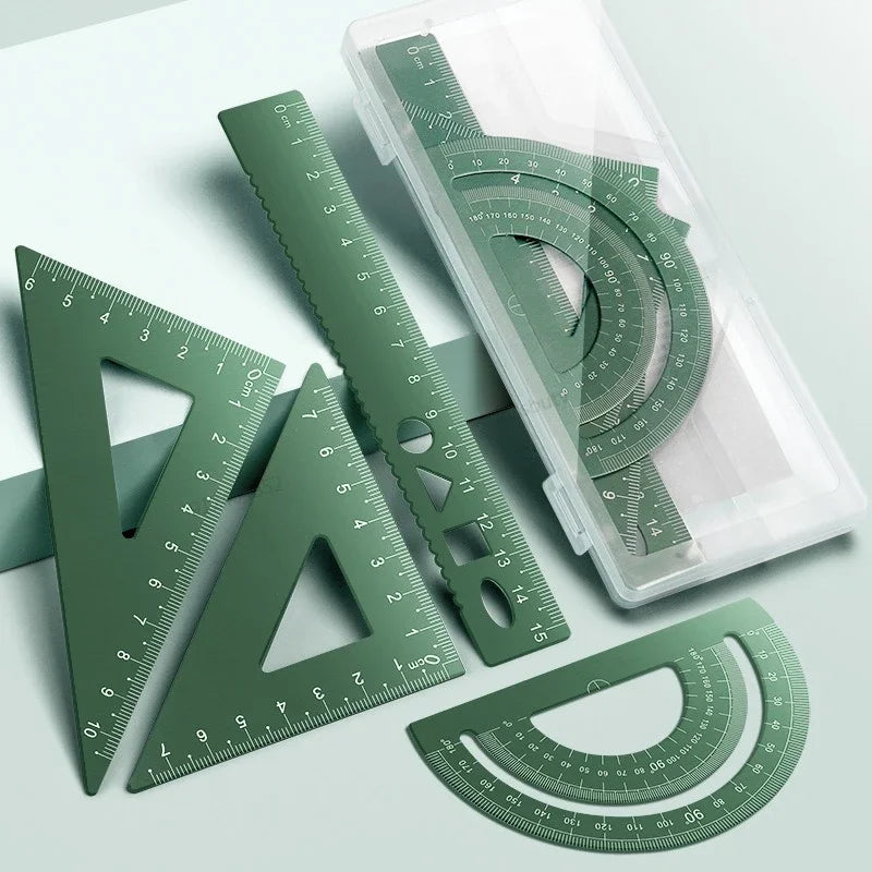 4-in-1 Aluminum Alloy Multifunctional Ruler Set, Triangle & Protractor Combo, Drawing Math Stationery for Students