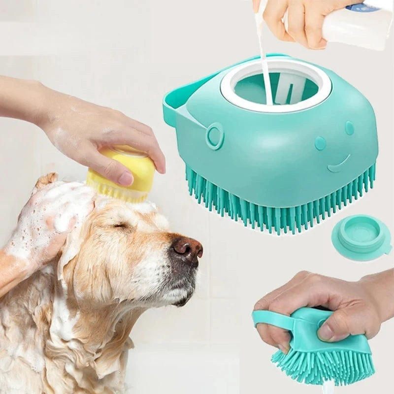 Spazzola doccia per cani e gatti con dispenser shampoo e setole in gomma