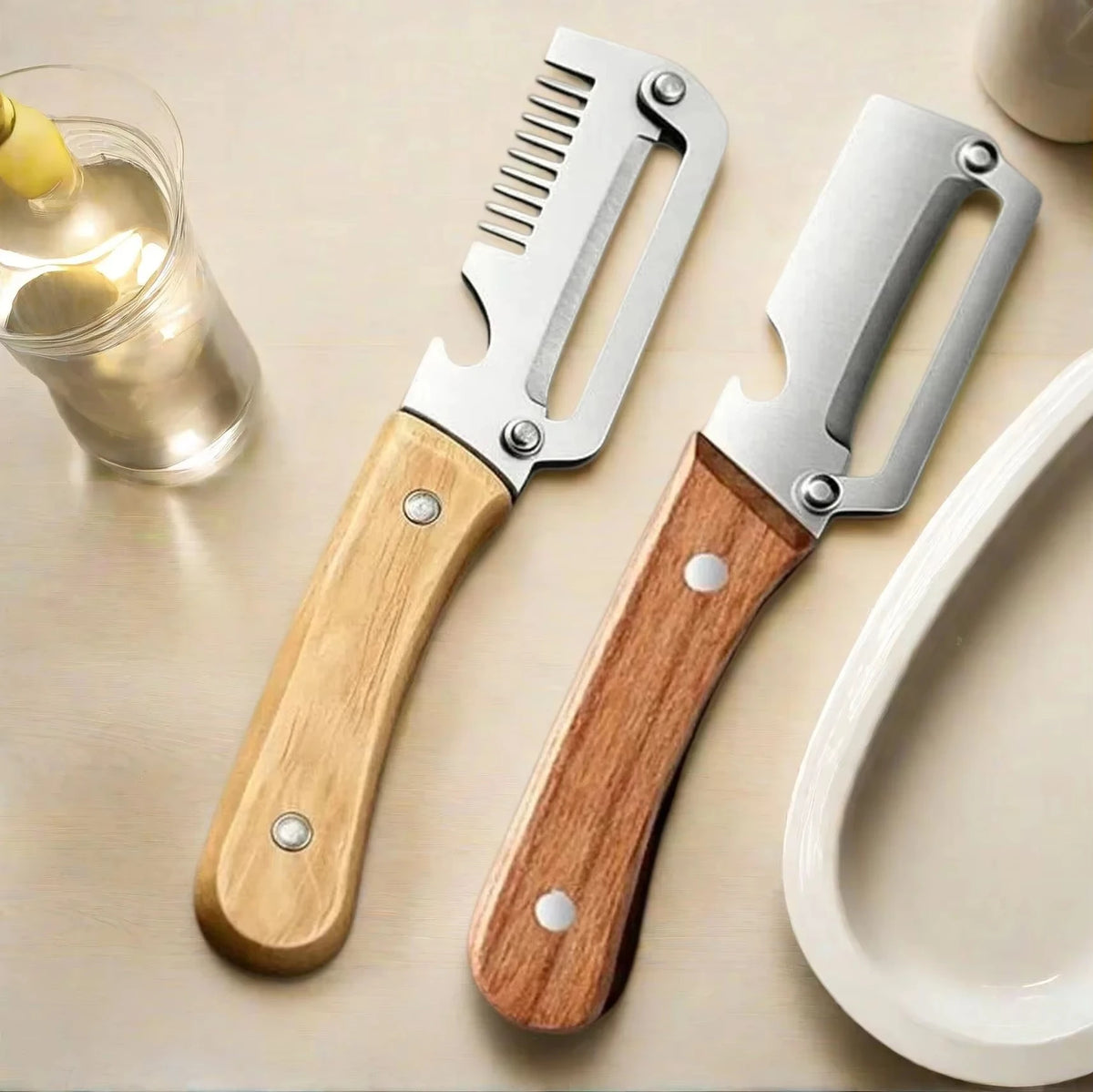 Slicer in acciaio inox con manico rovere – taglio, sbucciatura e apribottiglie