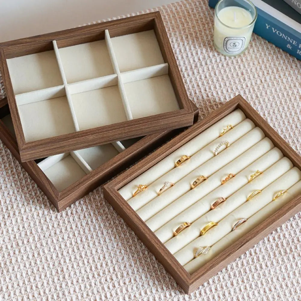Convenient Elegant Wood Jewelry Box Glass Lid Dust-proof Earrings Display Tray Storage Box Velvet Jewelry Organizer Home