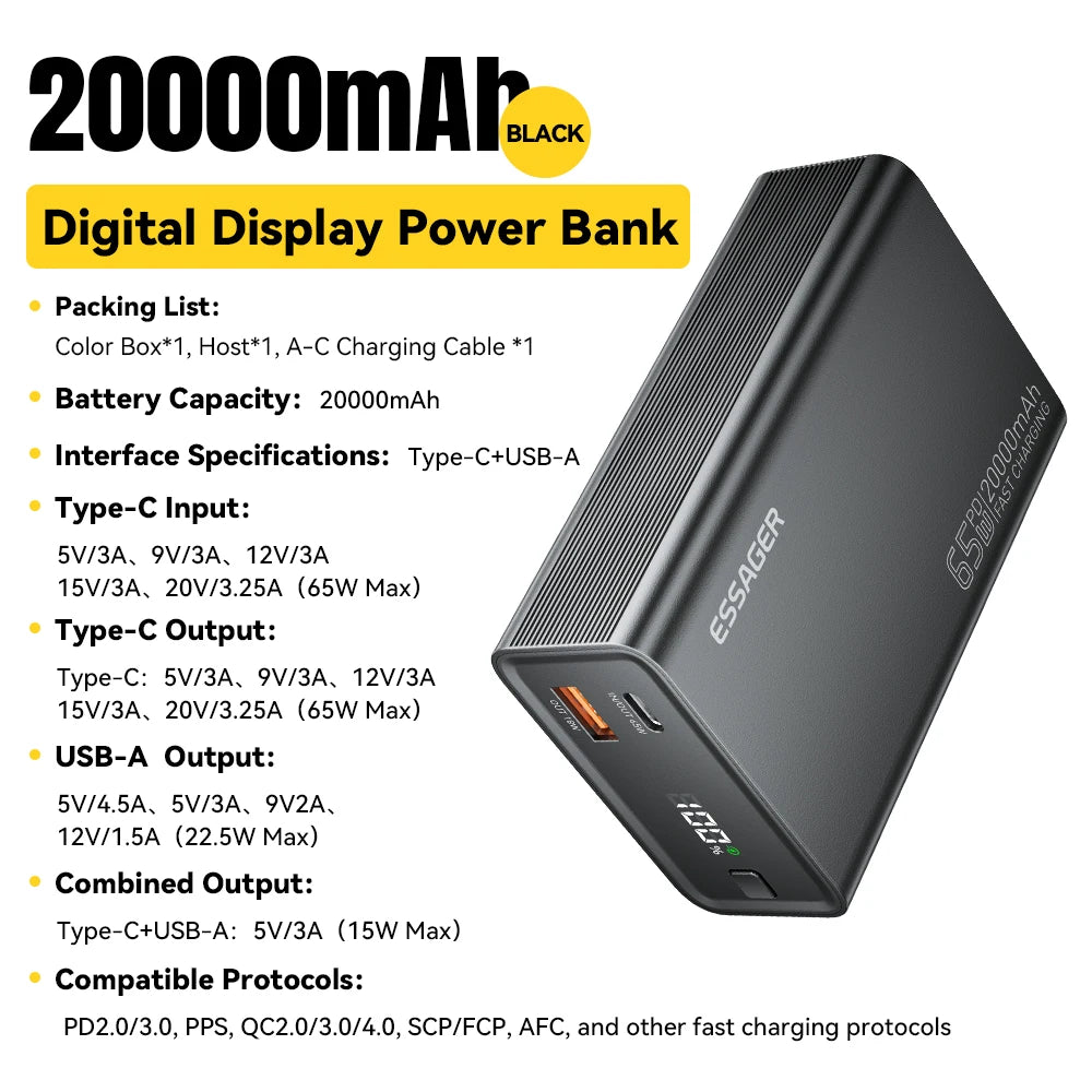 Power Bank 20000mAh 65W Ricarica Rapida PD per PC e Smartphone