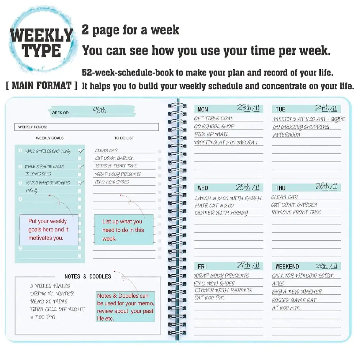 Spiral Undated A5 Weekly Notebook Planner Agenda, Ntationery Office School Supplies, Record Daily Plan to Achieve