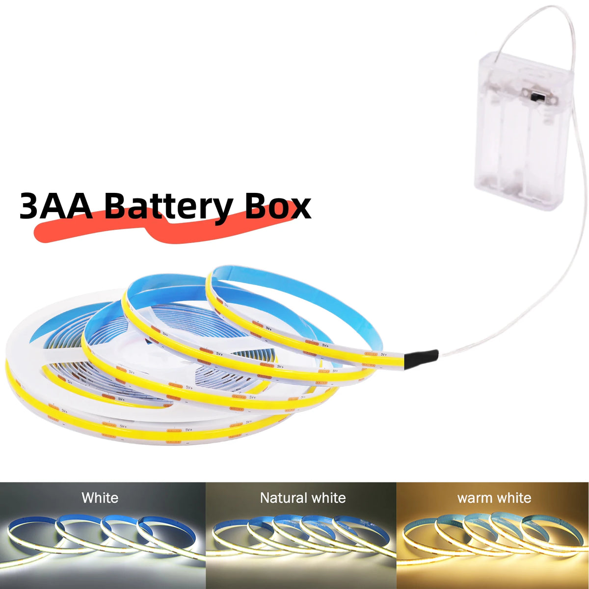 Striscia LED COB 5V 320 LED/m con Box 3 AA – 8 mm, luce regolabile (3000‑6500 K)
