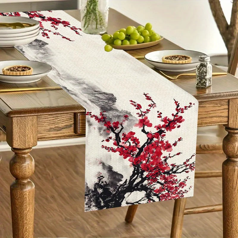 Runner da tavola in lino con stampa fiori di ciliegio e montagna d'acqua