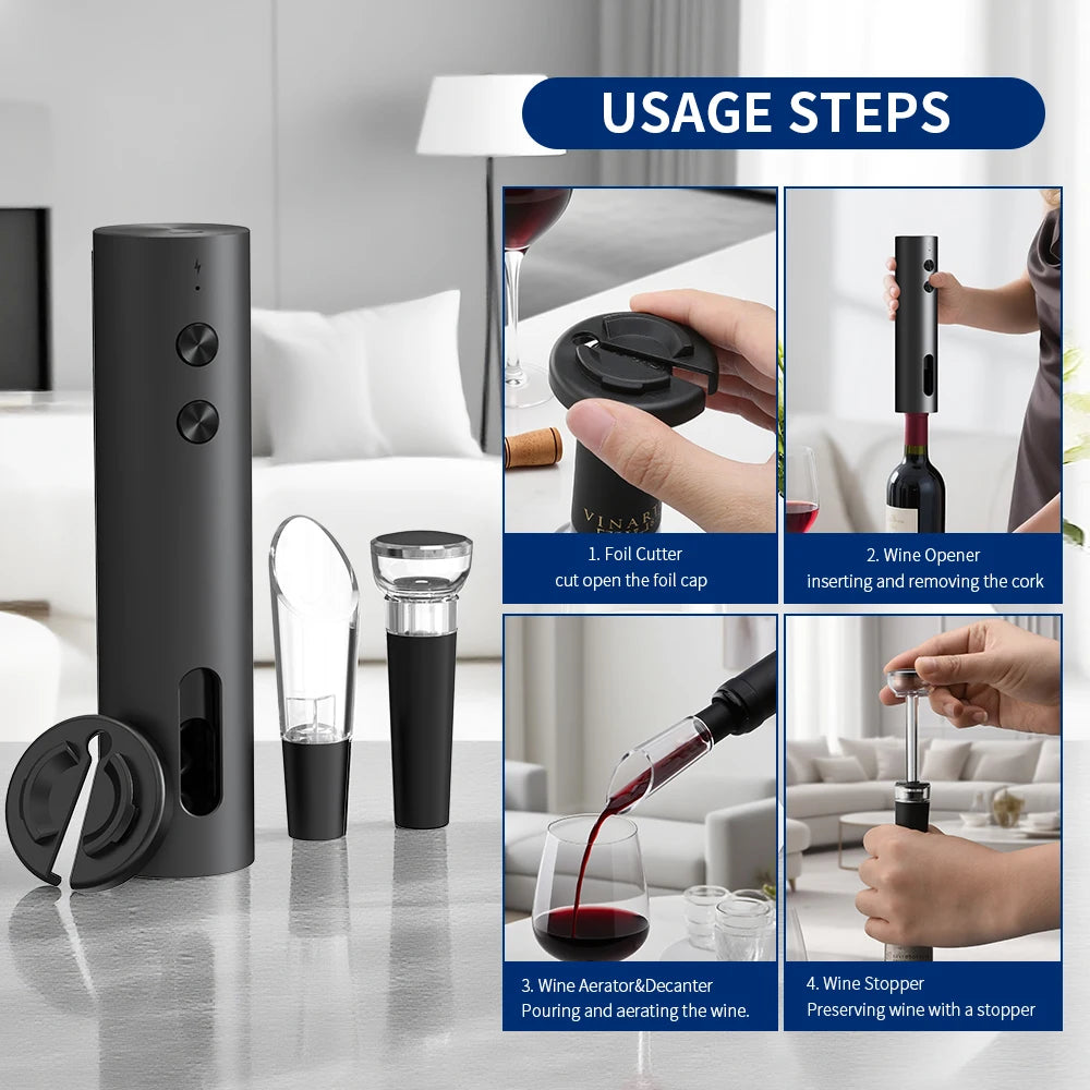 Apribottiglie elettrico 4‑in‑1 ricaricabile USB con fermavino e versatore
