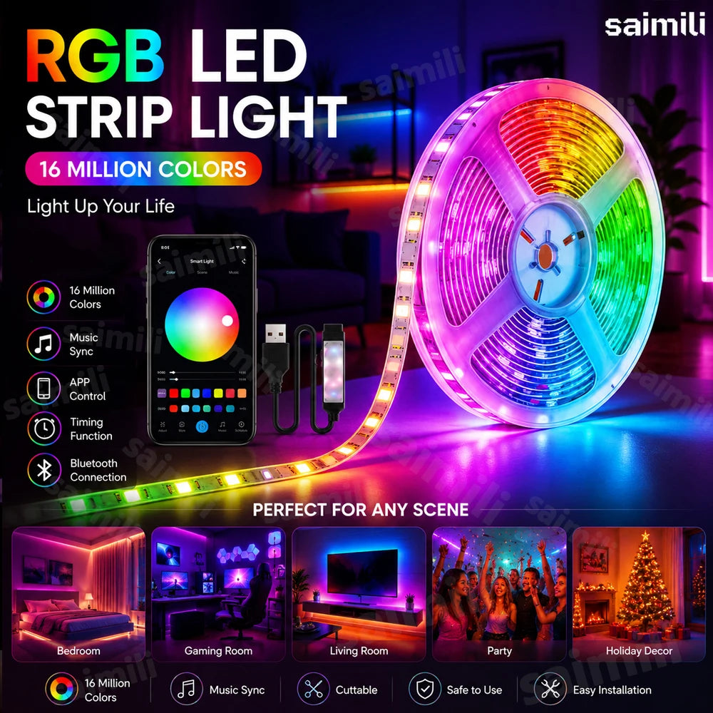 Nastro LED RGB 5050 Bluetooth APP, Musica Sync, Tagliabile, 1-5 Metri