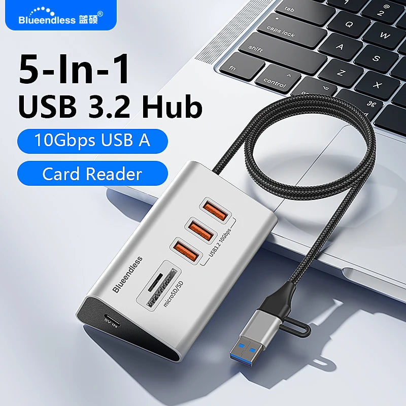 Hub docking USB‑C 10 Gbps 4/10 porte alluminio con lettore SD/TF