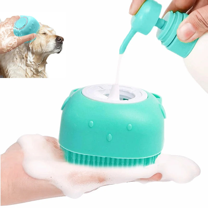 Spazzola in silicone morbido per cani e gatti – massaggio e dispenser shampoo
