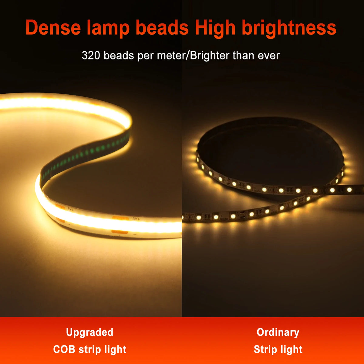 Striscia LED COB 5V 320 LED/m con Box 3 AA – 8 mm, luce regolabile (3000‑6500 K)