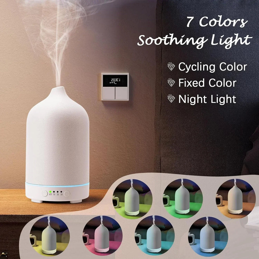 Diffusore Ultrasonico in Ceramica 100 ml con Timer e Luci LED Cambianti