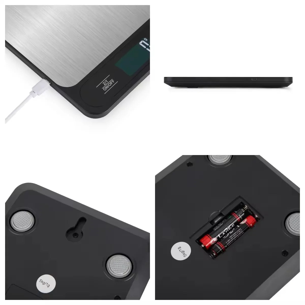 Bilancia da cucina digitale 15 kg, precisione 1 g, ricarica USB, display LED