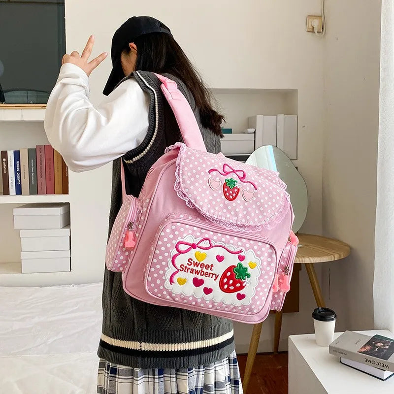 Sac à dos scolaire pour enfant, broderie fraise rose, cadeau d'anniversaire pour élève, nouveau cartable japonais dessin animé rose 2026