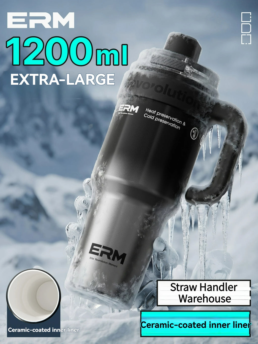 Termos 1,2 L acciaio inox con rivestimento ceramico, cannuccia e manico – 24 h