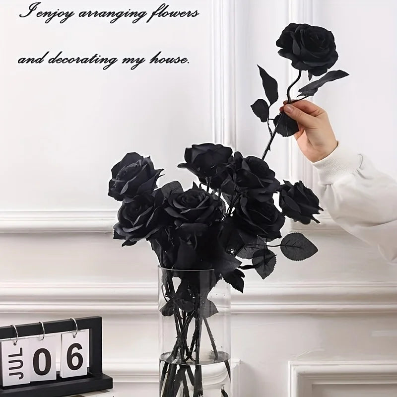 10 Rosa Nere Artificiali Lungho Stelo - Decorazione Halloween, Matrimonio, Casa