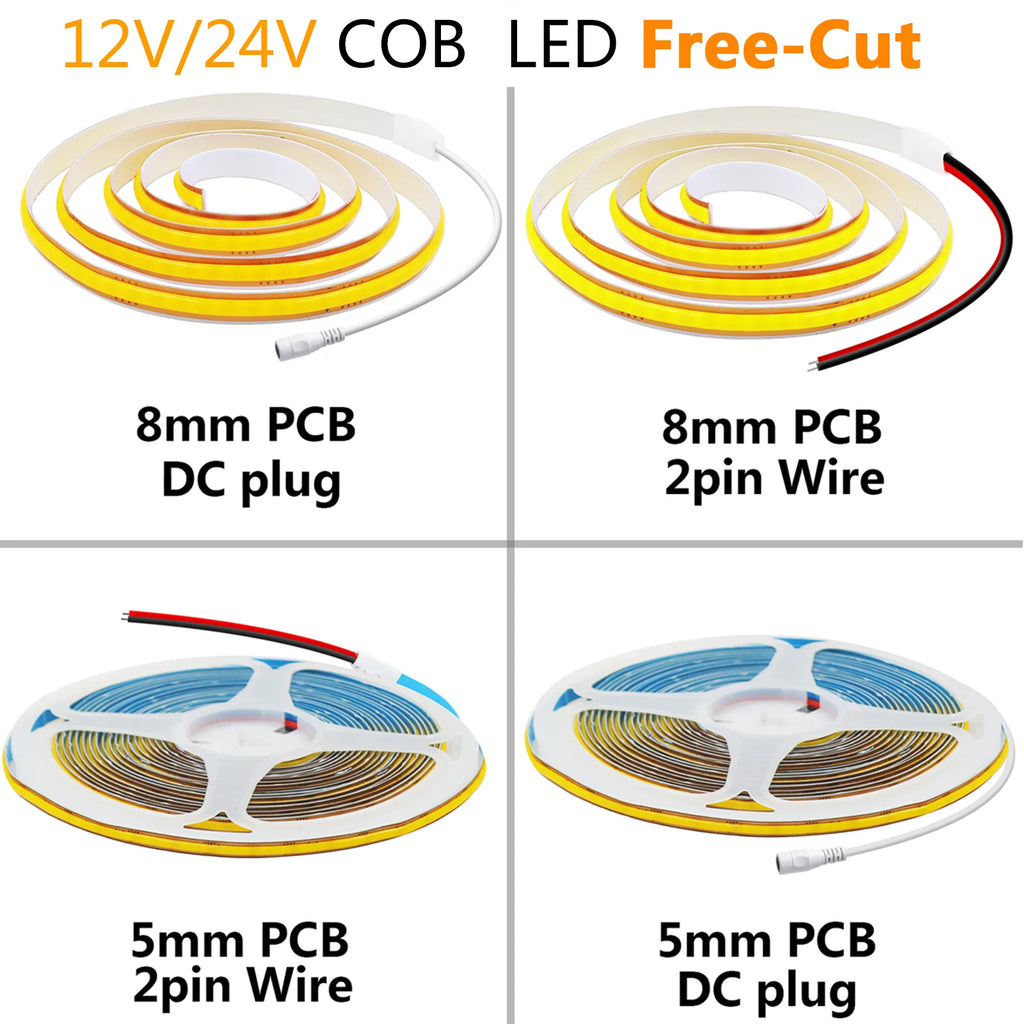 Striscia LED COB 5mm/8mm 400 LED/m 12V-24V Taglio Libero, 3000-6500K