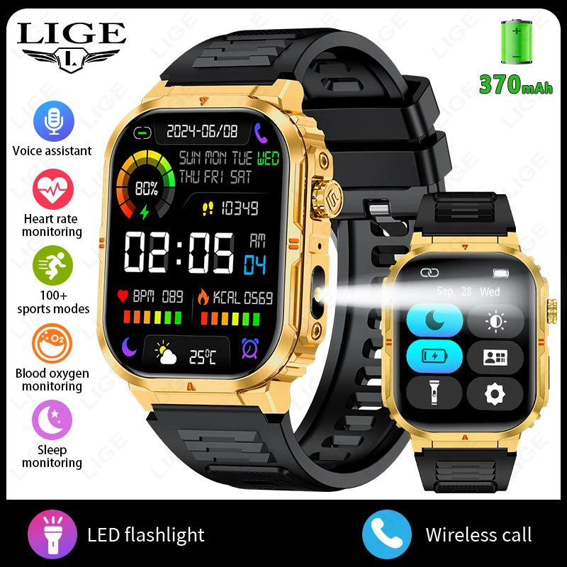 Smartwatch sportivo 2.01\" HD con chiamata, assistente vocale, torcia - IP68