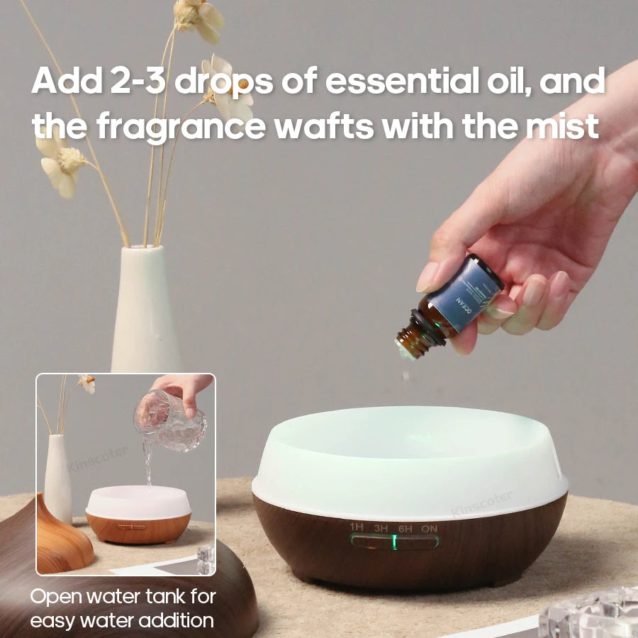 Diffusore ad aromaterapia ultrasuoni 300 ml con design legno, 3 timer e luce USB