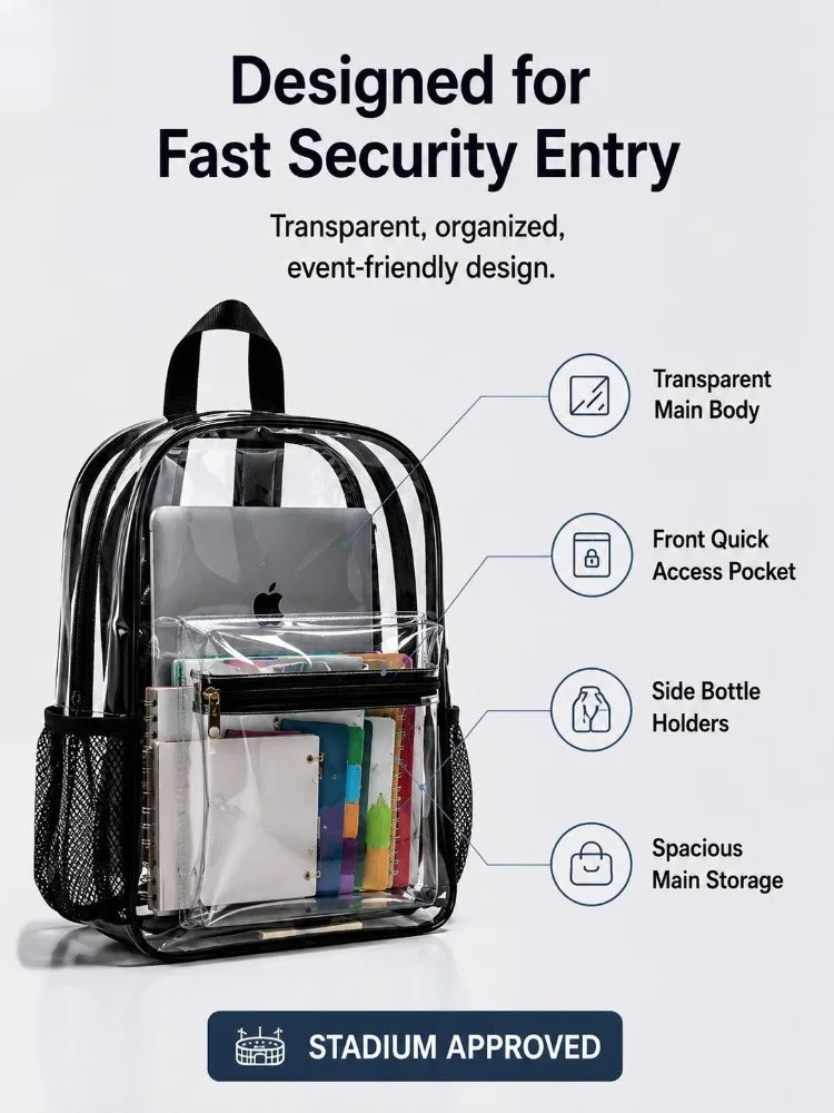 Sac à dos transparent en PVC robuste - Approuvé pour la sécurité, l'école, le stade et les festivals