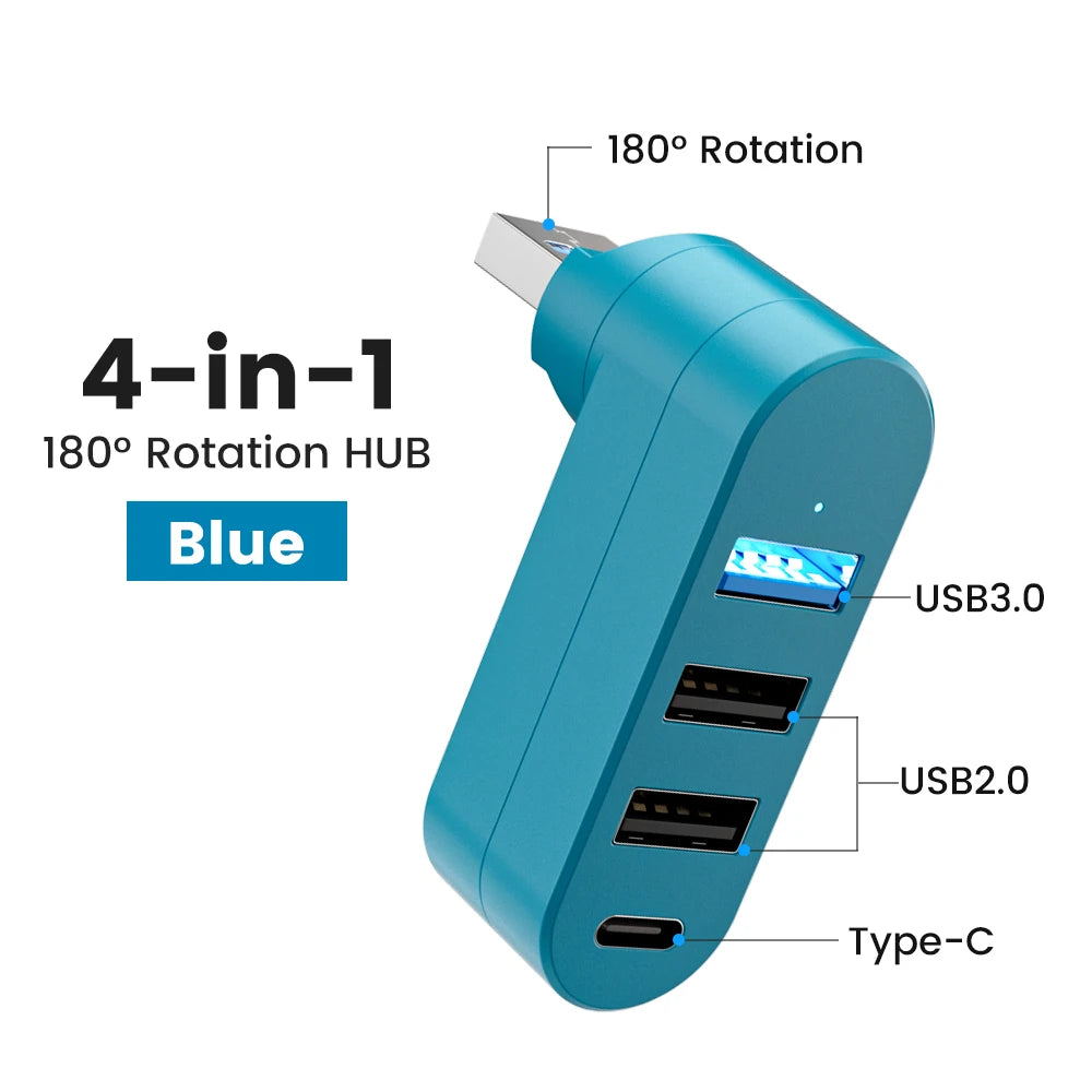 Hub USB 4 porte 180° rotante con Type‑C, USB 3.0 e USB 2.0 – alta velocità