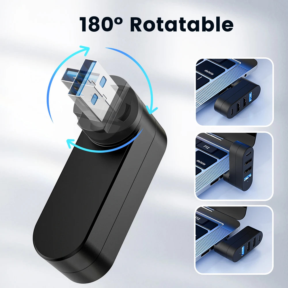 Hub USB 4 porte 180° rotante con Type‑C, USB 3.0 e USB 2.0 – alta velocità