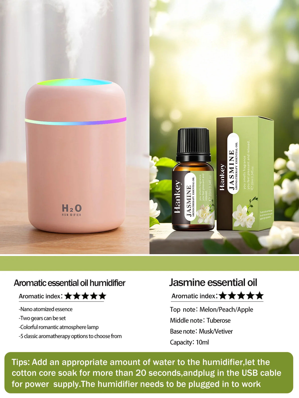 Diffusore Aromaterapico 300ml USB Luce a 7 Colori, Umidificatore per Casa e Auto