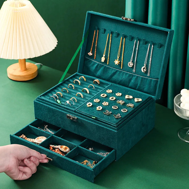 New Vintage Style Green Velvet Jewelry Box Double Lock Storage Box Necklace Earrings and Rings Jewelry Box Large Capacity