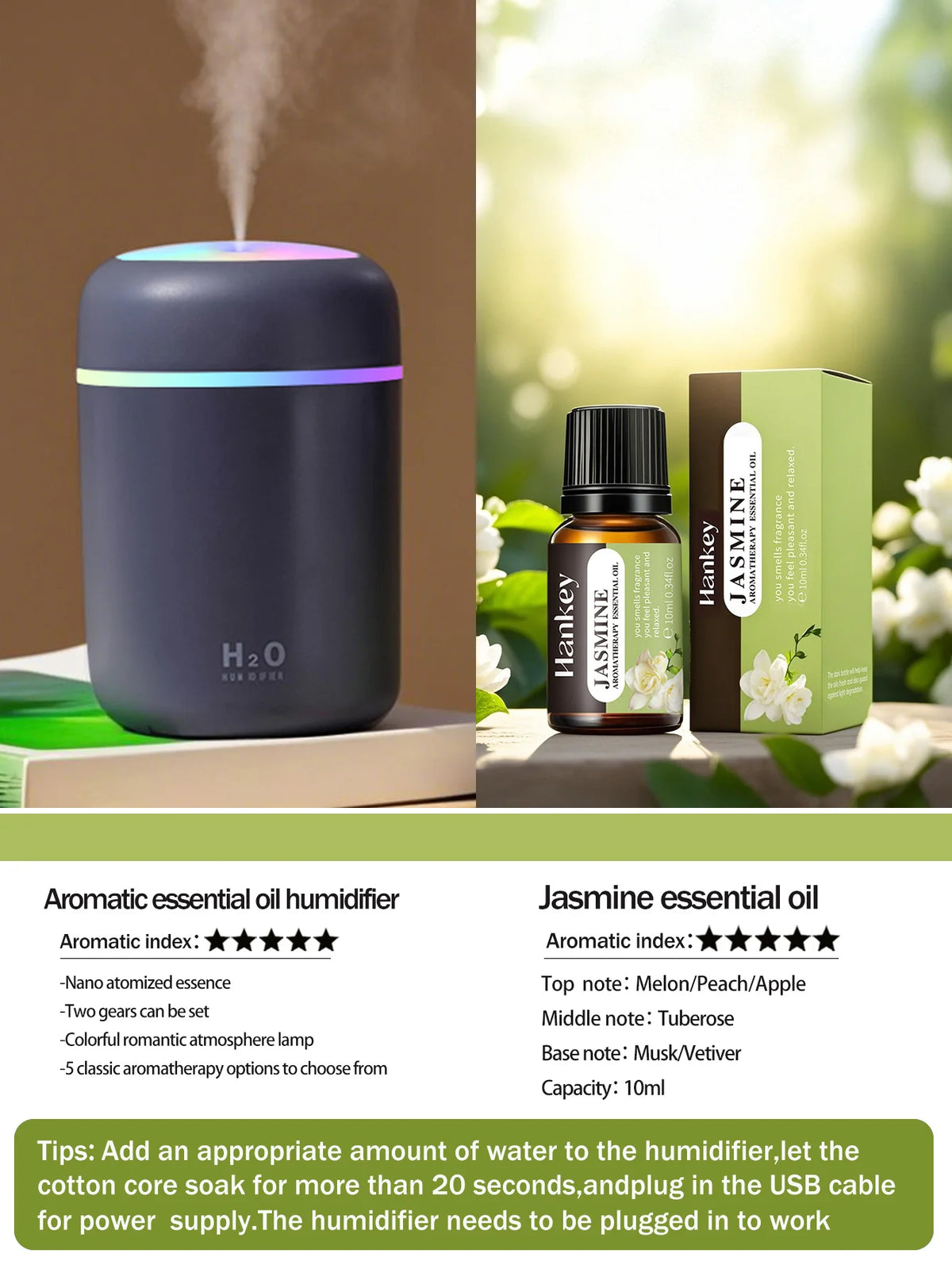 Diffusore Aromaterapico 300ml USB Luce a 7 Colori, Umidificatore per Casa e Auto