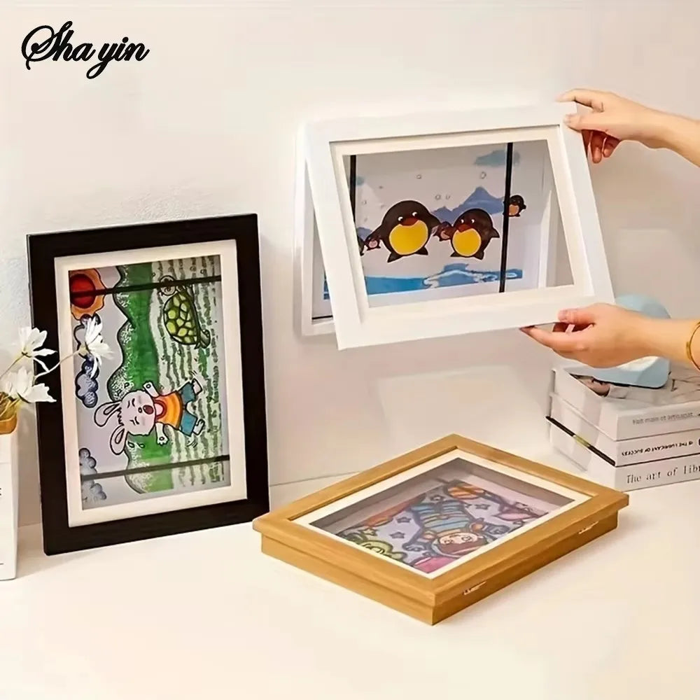Cornice fotografica in legno Flip Up A4, magnetica e contenitore