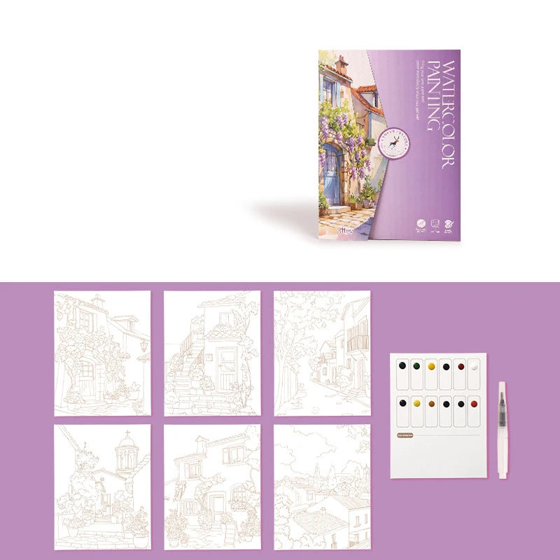 Set creativo di acquerelli con carta, penna immersione e pigmenti