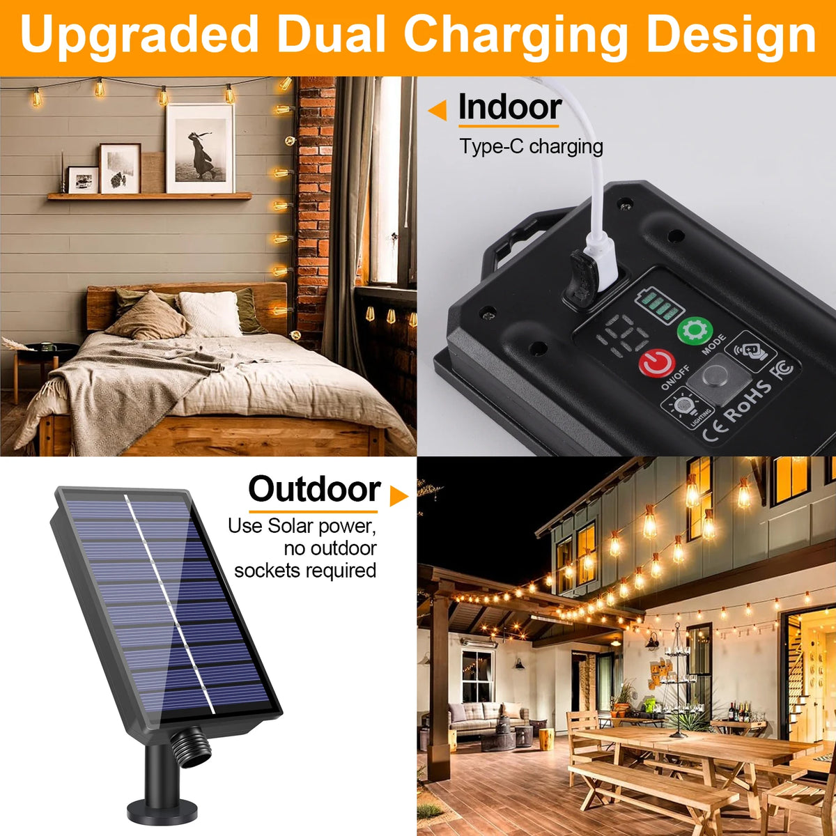 Luci a LED solari G40 con telecomando, ricarica USB, 8 modalità, impermeabili