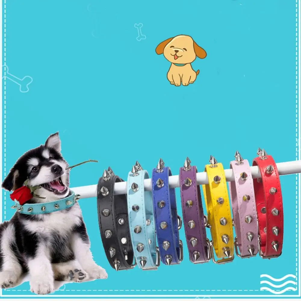 Collare per cani e gatti in PU colorato con borchie metalliche regolabile