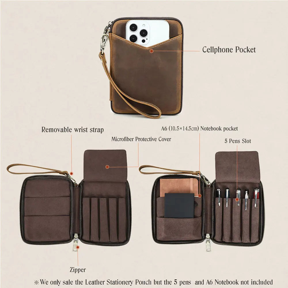 Portapenne in pelle autentica con 5 slot, scomparto A6 e tasca per smartphone